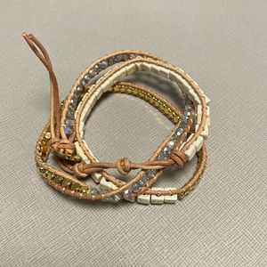 Victoria Emerson Tan, White, and Silver Crystals in Tan Wrap Bracelet